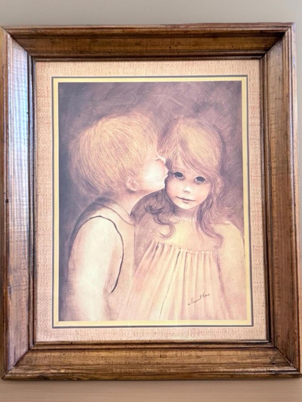 Vintage Collectible Art Print Margaret Kane  "A Little Kiss" Wooden Framed 1960s